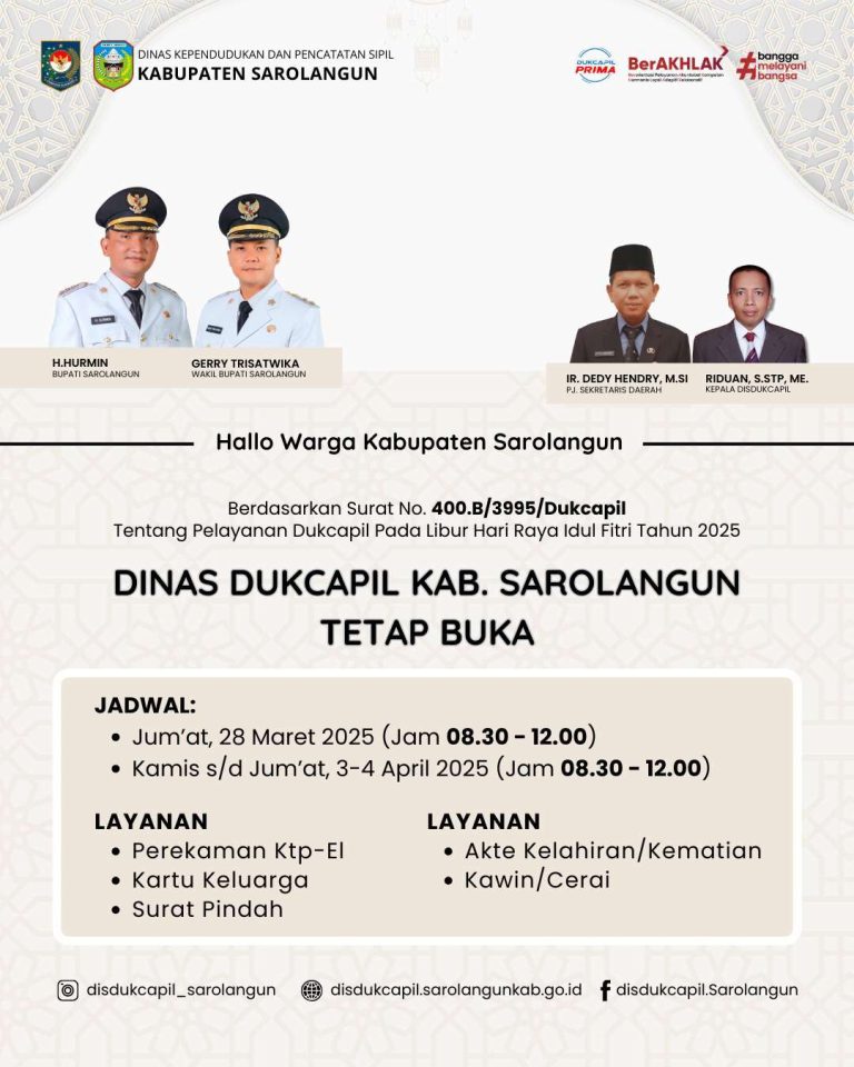 Disdukcapil Sarolangun Tetap Buka Pelayanan Adminduk Selama Lebaran